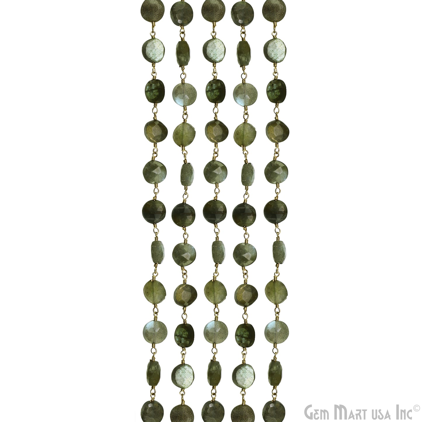 Labradorite Coin Beads 8-9mm Gold Plated wire wrapped Rosary Chain