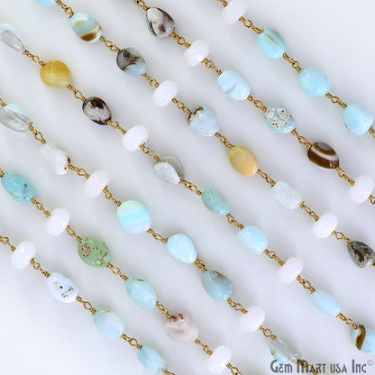 Amazonite & White Chalcedony Tumble Beads Gold Plated Wire Wrapped Rosary Chain