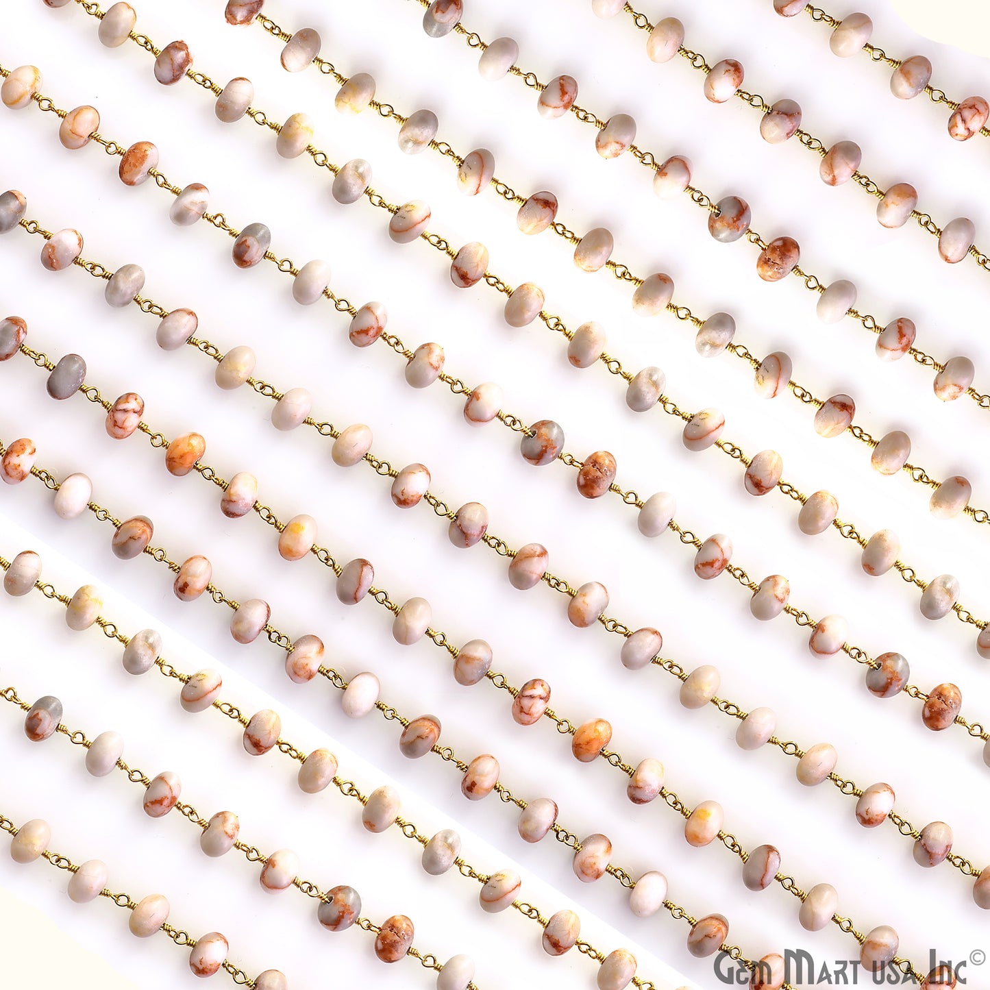 Shaded Orange Jade Cabochon 8-9mm Gold Wire Wrapped Rosary Chain