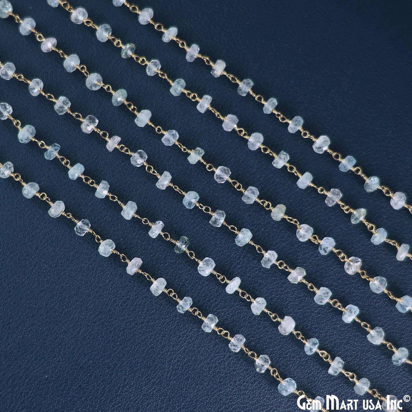 Aquamarine Faceted 5-6mm Gold Wire Wrapped Beads Rosary Chain