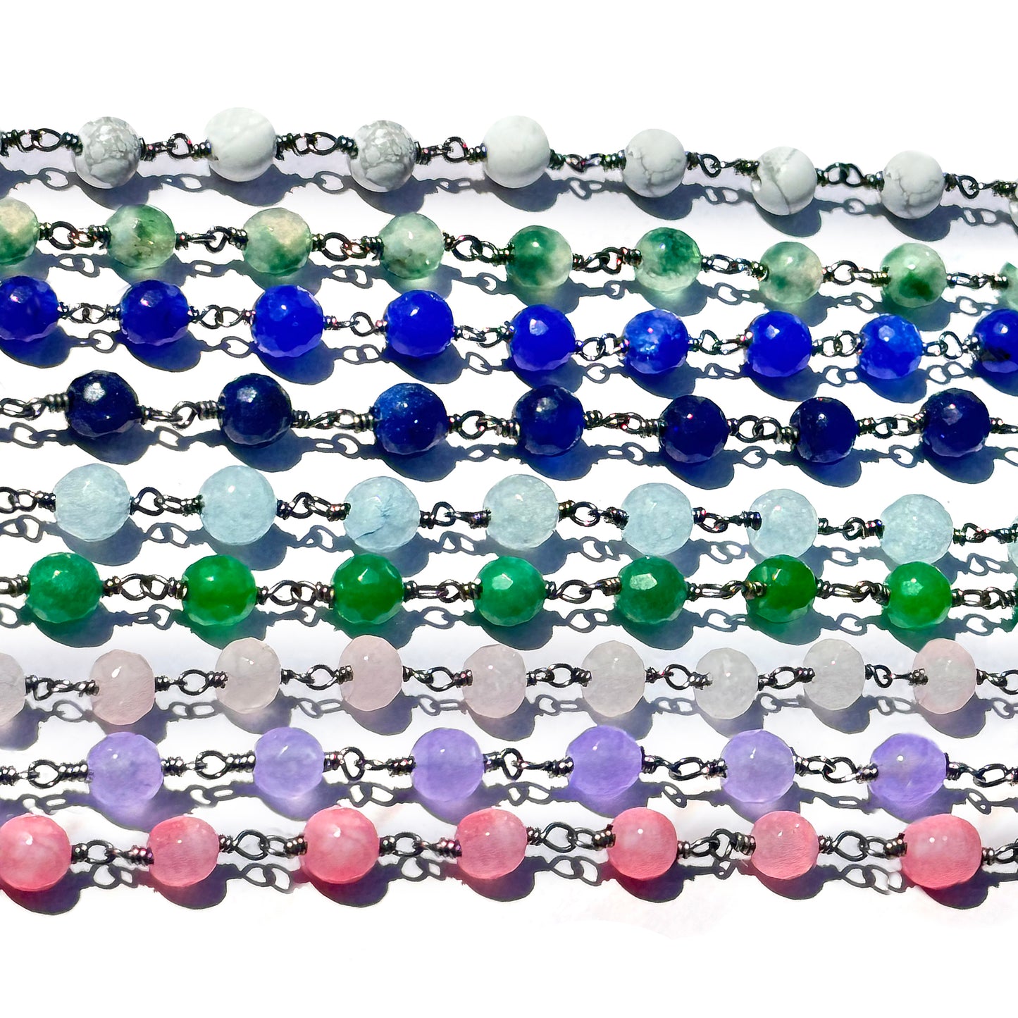 Dyed Jade Bead Faceted Crystal Round Rosary Chain Black Plating, 5-6mm, 1+ ft