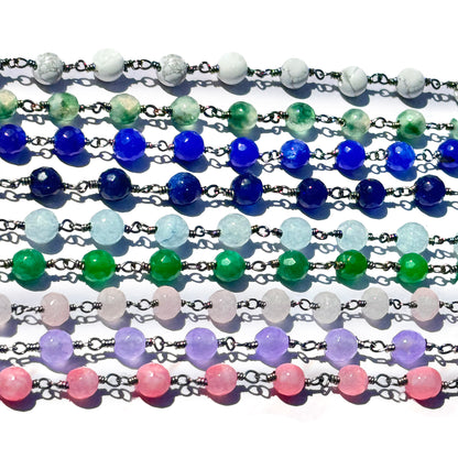 Dyed Jade Bead Faceted Crystal Round Rosary Chain Black Plating, 5-6mm, 1+ ft