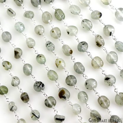 Green Rutile Tumble Beads 8x5mm Silver Wire Wrapped Rosary Chain