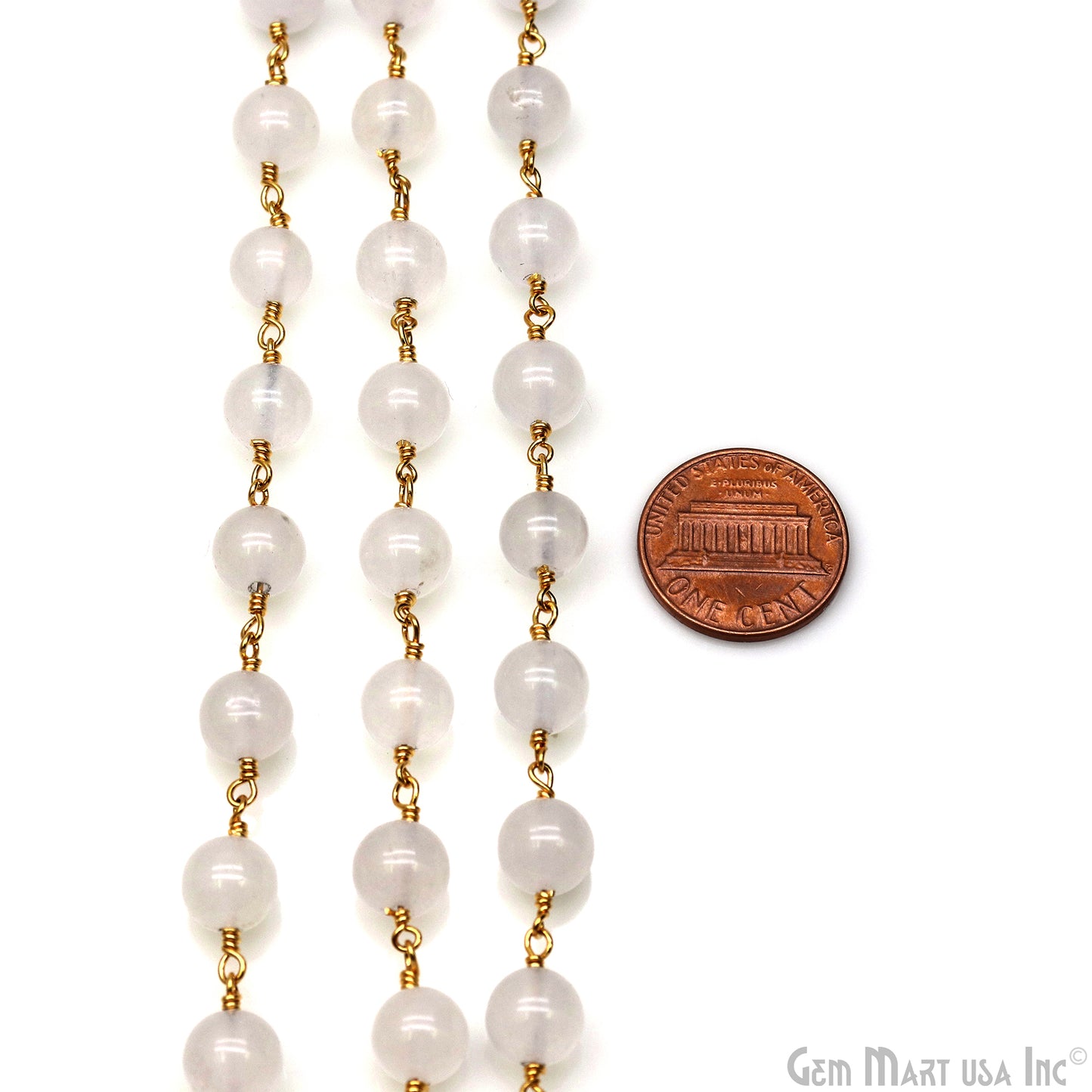 White Jade Cabochon Beads 8mm Gold Wire Wrapped Rosary Chain