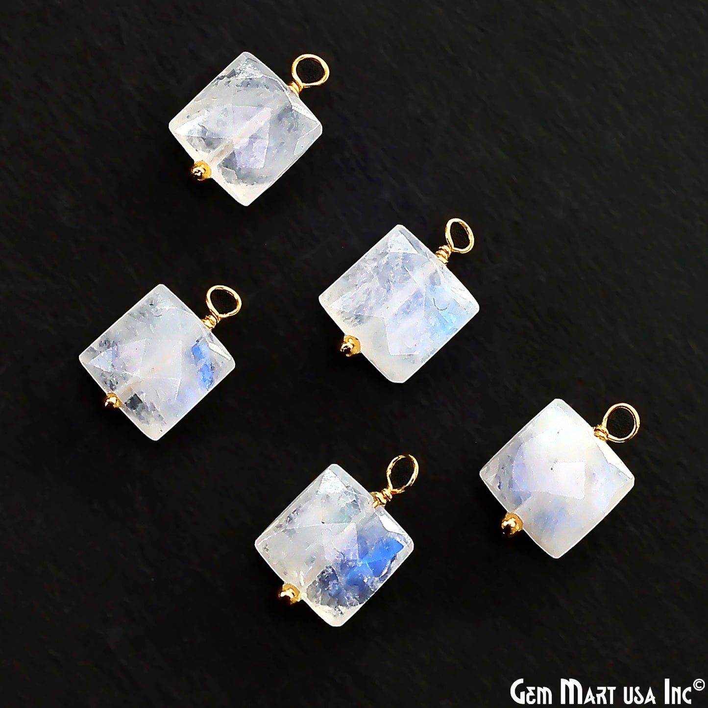 Rainbow Moonstone Square 8mm Gold Wire Wrapped Single Bail Gemstone Bead Connector