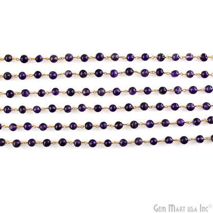 Amethyst 6mm Cabochon Beads Gold Wire Wrapped Rosary Chain