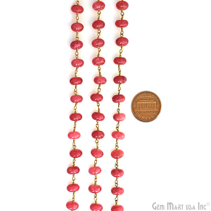 Ruby Jade Cabochon 8-9mm Gold Wire Wrapped Rosary Chain