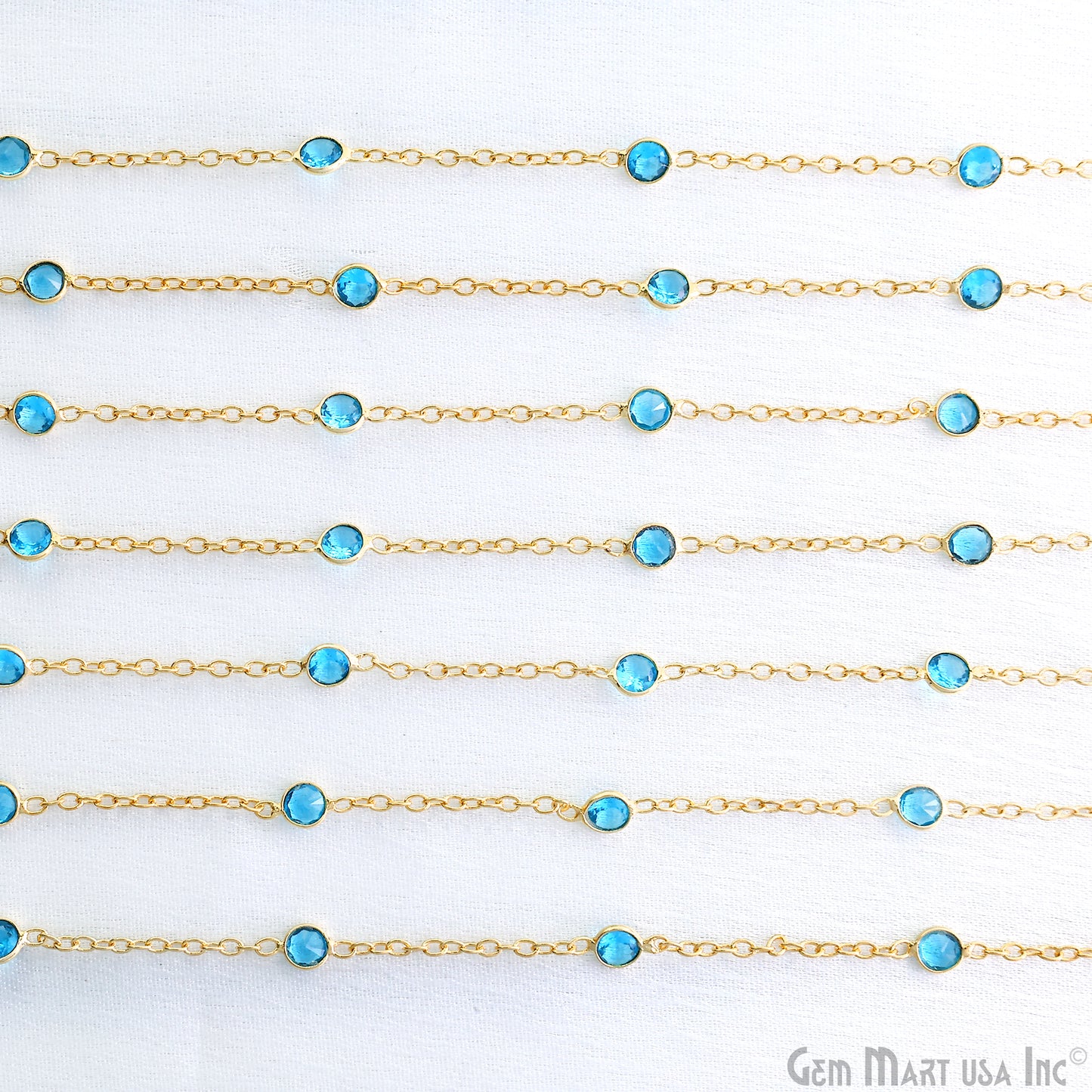 Swiss Blue Topaz Round 4mm Gold Plated Bezel Connector Rosary Chain