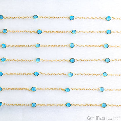 Swiss Blue Topaz Round 4mm Gold Plated Bezel Connector Rosary Chain