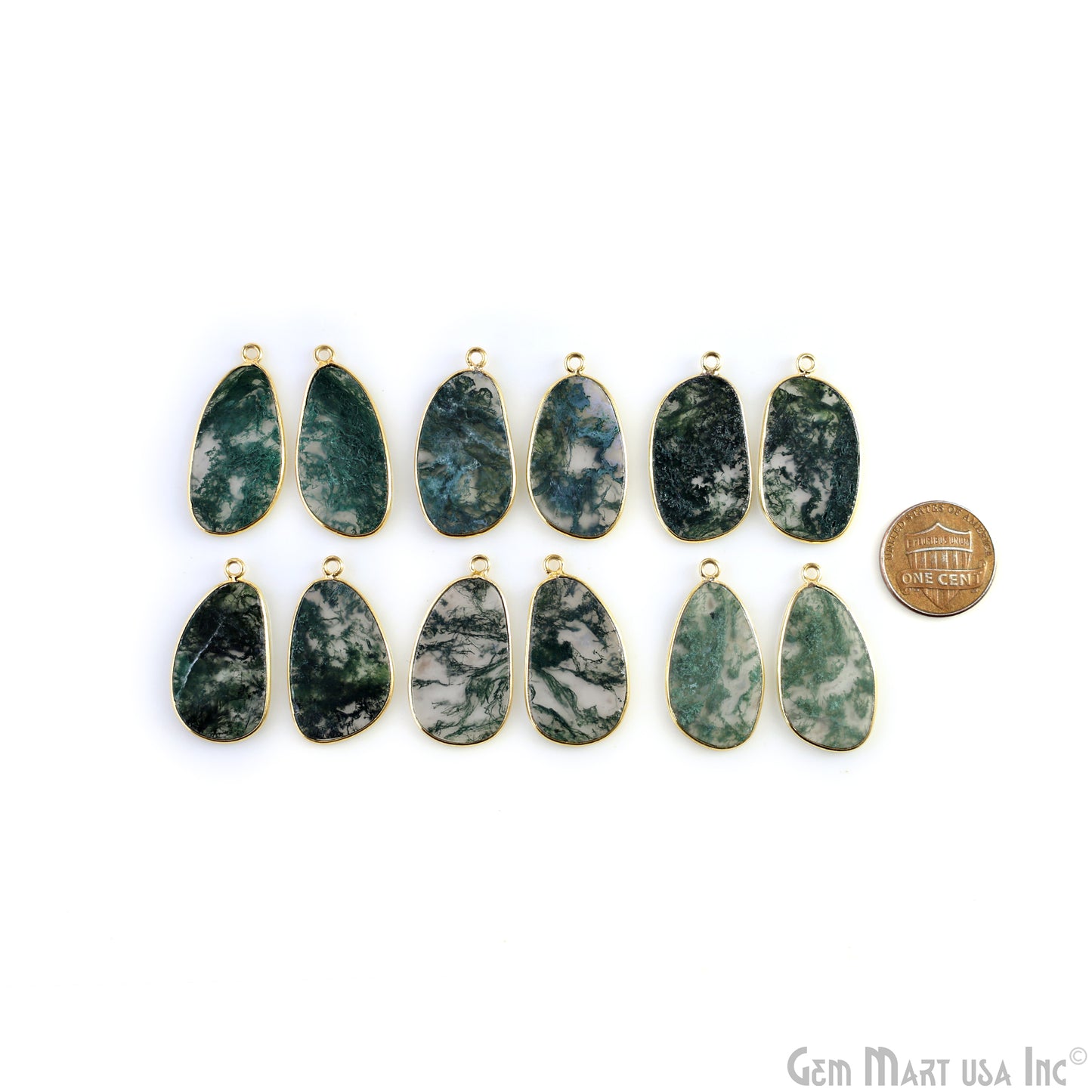 Moss Agate Free Form Gold Plated Single Bail Bezel Smooth Slab Slice Thick Gemstone Connector 30x15mm 1 Pair