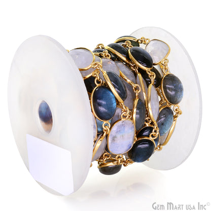Rainbow Moonstone Faceted & Labradorite Oval 10-15mm Cabochon Bezel Link Connector Chain