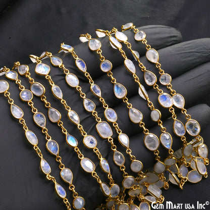 Rainbow Moonstone Below 10mm Gold Plated Bezel Continuous Connector Chain