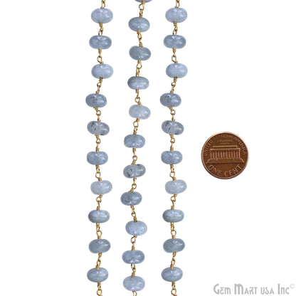 Baby Blue Jade Cabochon 8-9mm Gold Wire Wrapped Rosary Chain