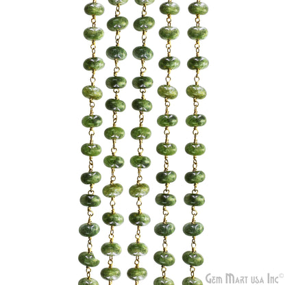 Green Jade Cabochon 8-9mm Gold Wire Wrapped Rosary Chain