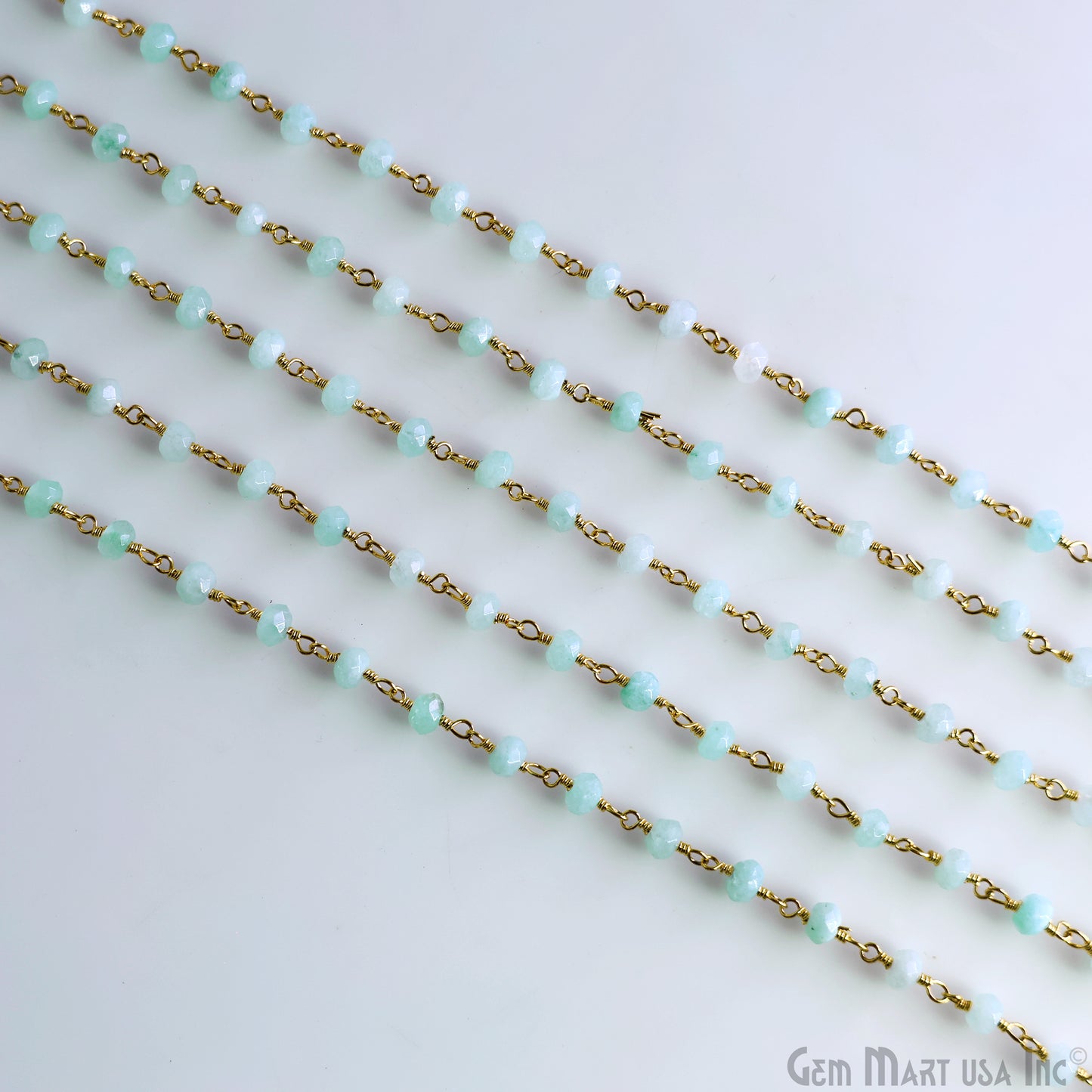 Aqua Chalcedony 4mm Round Faceted Beads Gold Wire Wrapped Rosary