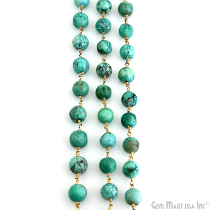 Turquoise Green Cabochon 9-10mm Gold Plated Wire Wrapped Rosary Chain