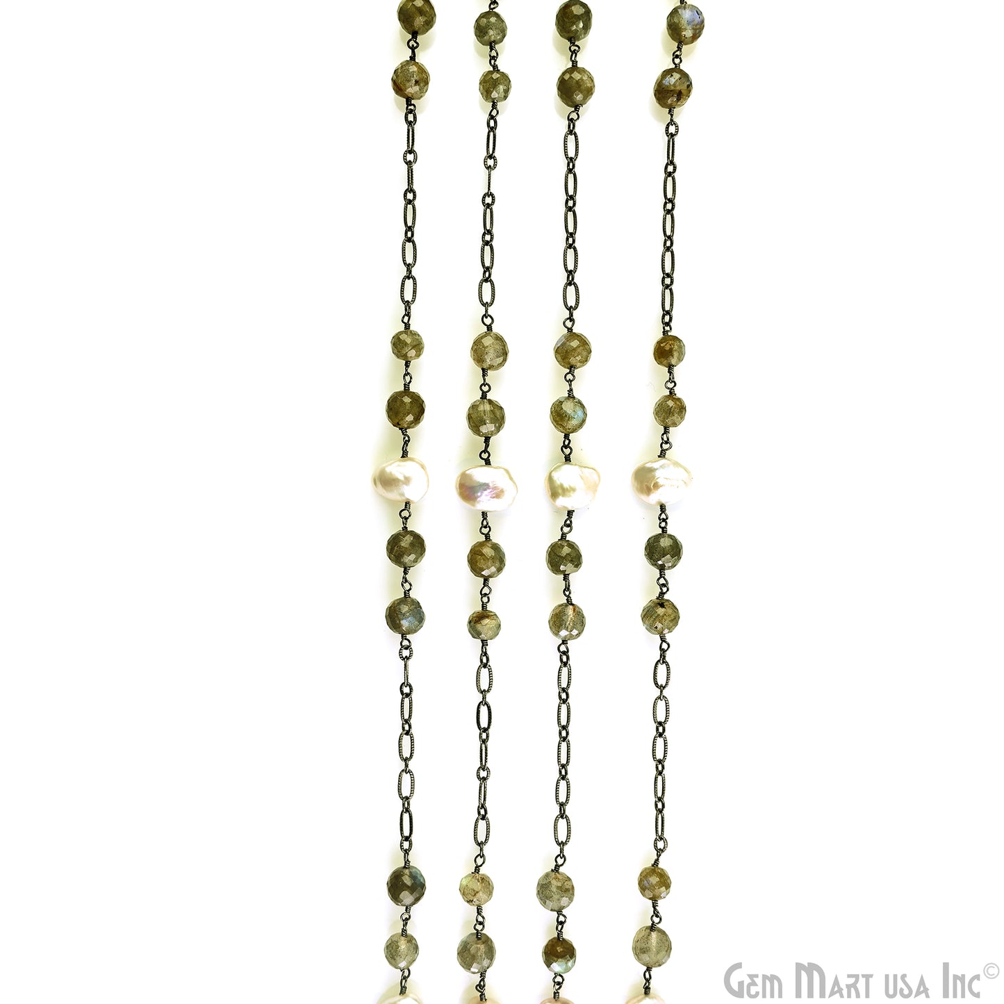 Labradorite & Pearl Round Beads Oxidized Finding Rosary Chain