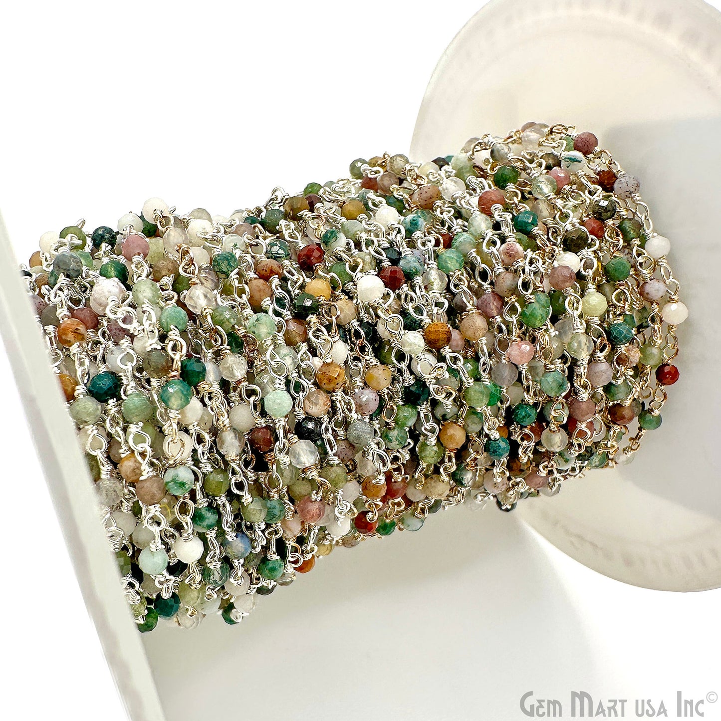Moss Agate 2-2.5mm Tiny Beads Silver Plated Wire Wrapped Rosary Chain