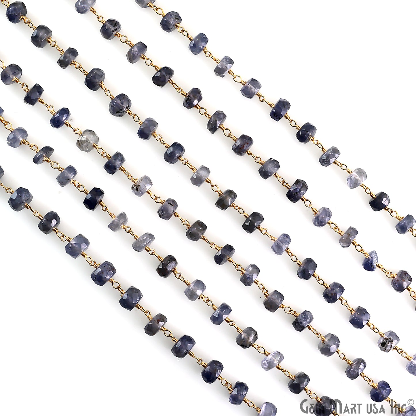 Iolite Faceted Beads 6-7mm Gold Wire Wrapped Beaded Rosary Chain