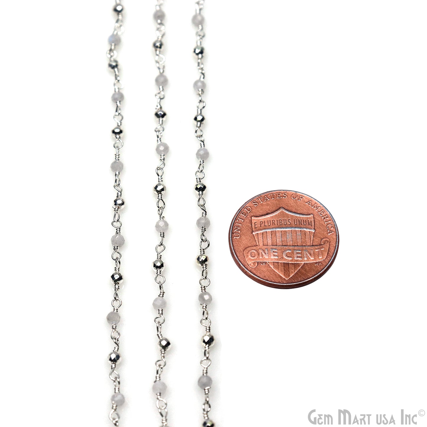 Rainbow Moonstone & Silver Pyrite 2-2.5mm Tiny Beads Silver Plated Wire Wrapped Rosary Chain