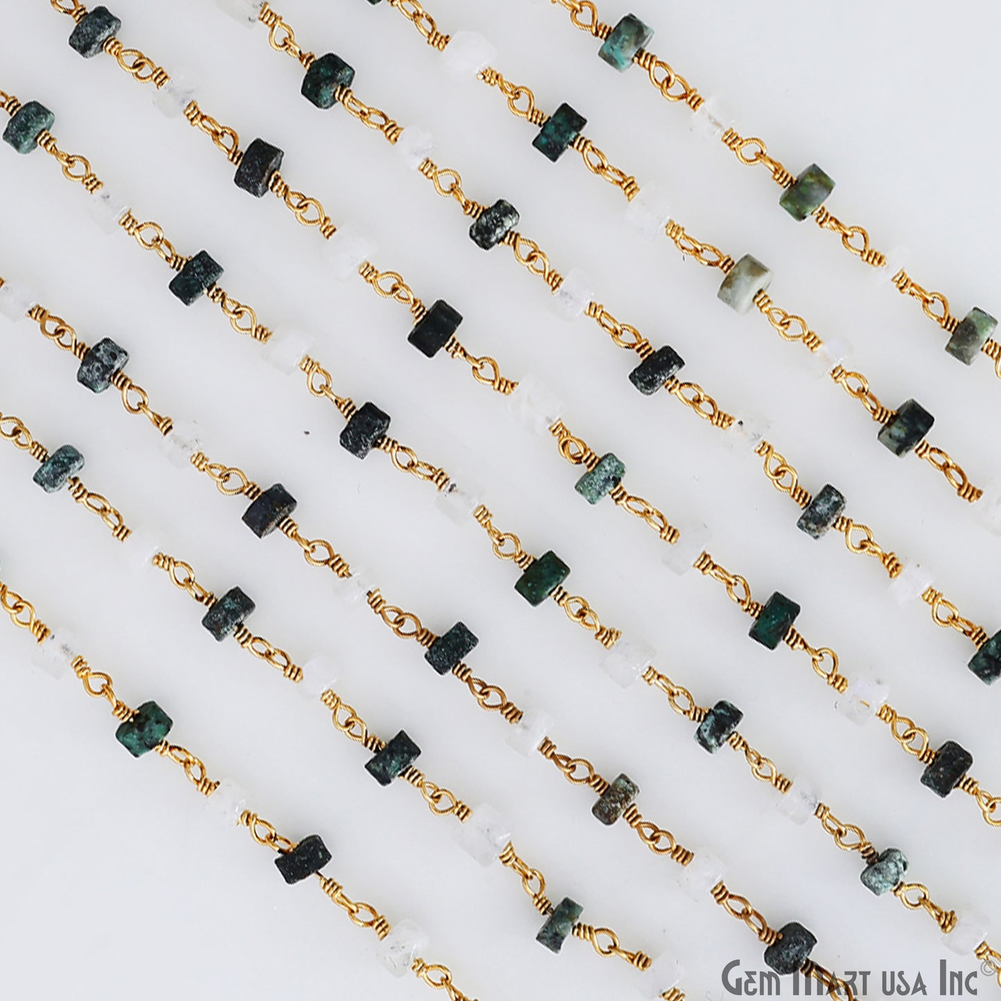 Moonstone & Chrysocolla Tyre Shape 4-5mm Beads Gold Plated Gemstone Beaded Wire Wrapped Rosary Chain