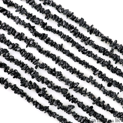 Black Tourmaline Chip Beads, 34 Inch, Natural Chip Strands, Drilled Strung Nugget Beads, 3-7mm, Polished, GemmartUSA (CHKT-70001)