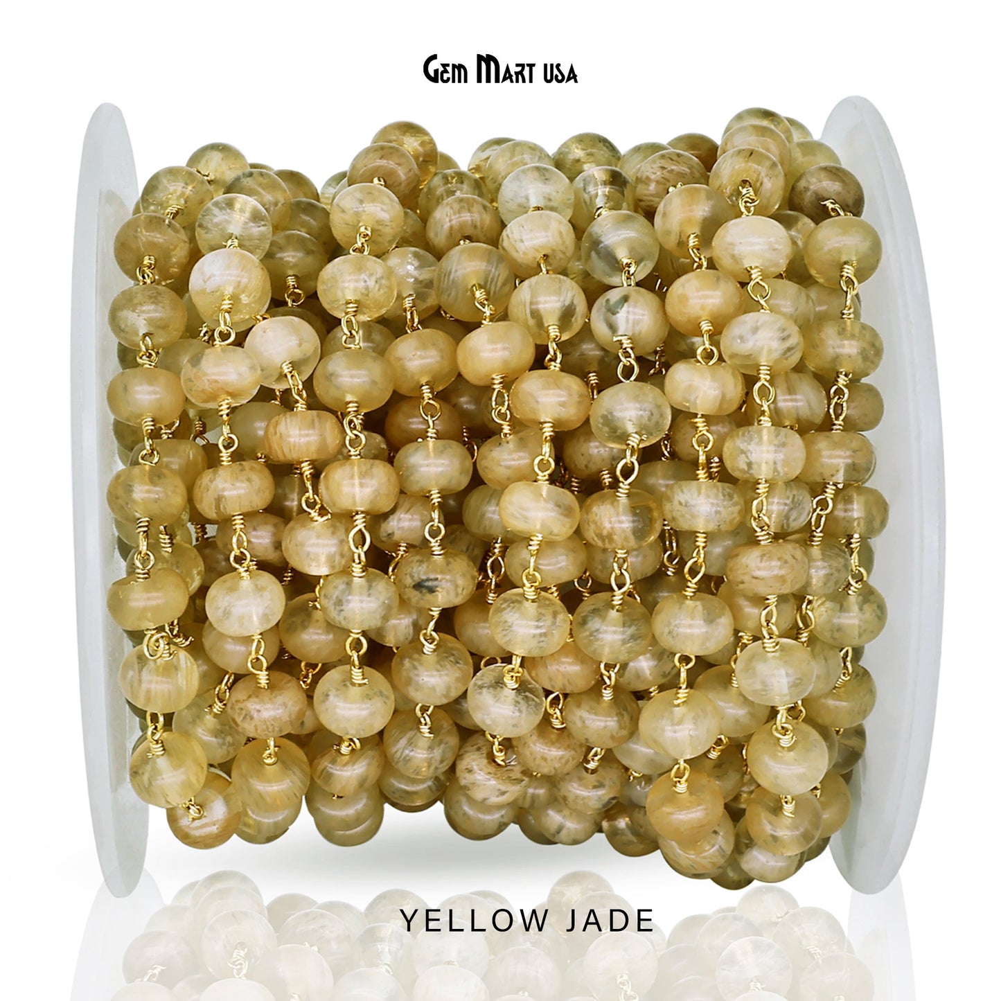 Dyed Jade Bead Cabochon Crystal Round Rosary Chain Gold Plating, 8-9mm, 1+ ft