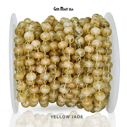 Dyed Jade Bead Cabochon Crystal Round Rosary Chain Gold Plating, 8-9mm, 1+ ft