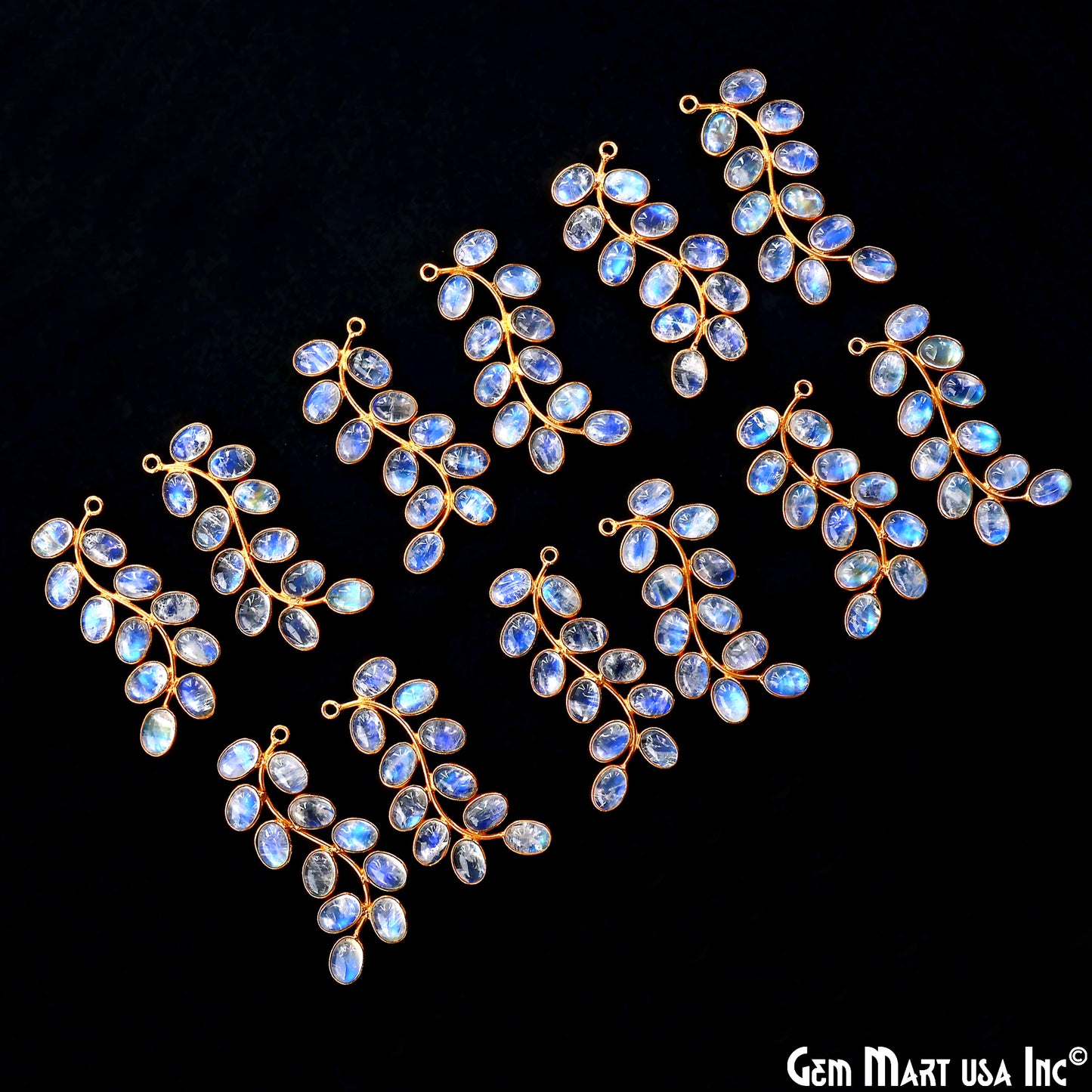 Rainbow Moonstone Gold Plated 44x16mm Leaf Dangle Finding Component