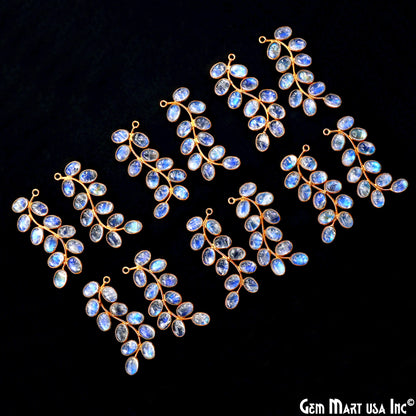 Rainbow Moonstone Gold Plated 44x16mm Leaf Dangle Finding Component