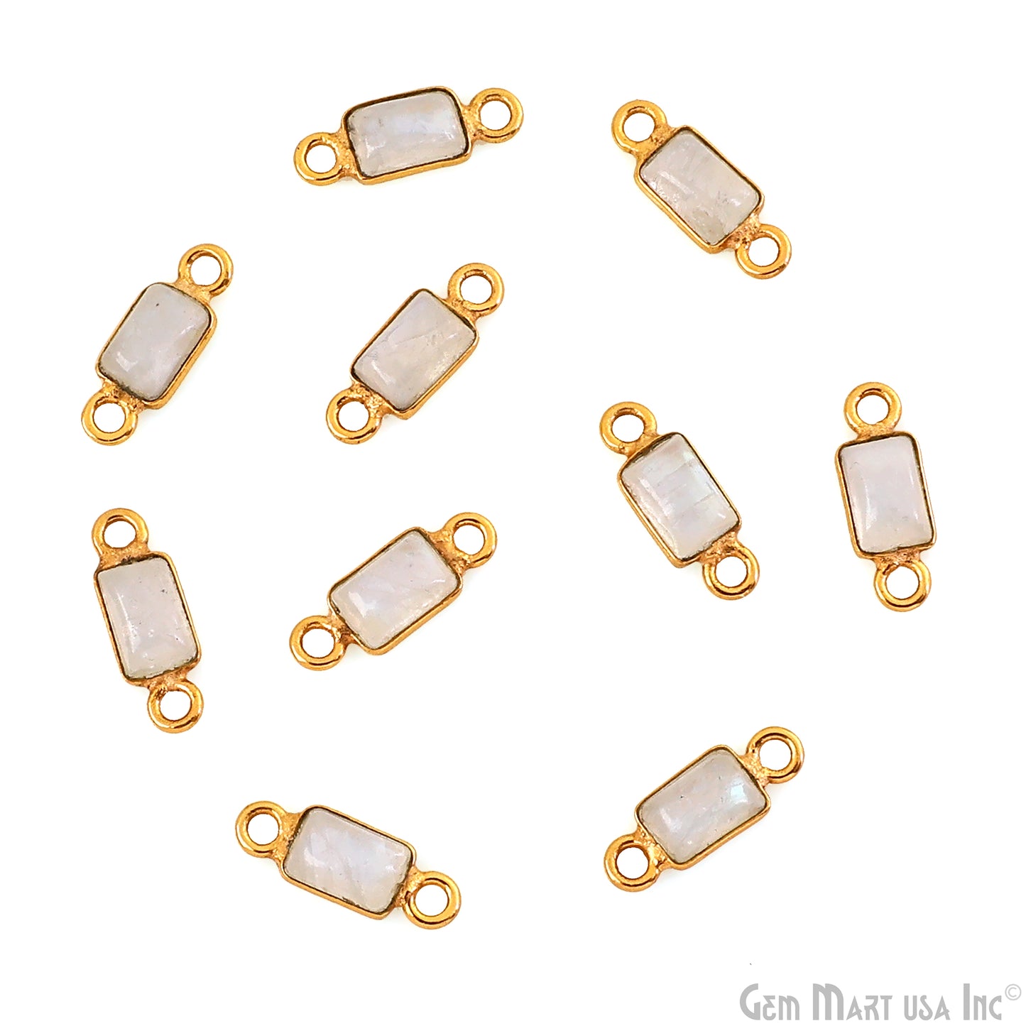Rainbow Moonstone Cabochon 6x4mm Rectangle Gold Plated Bezel Connector