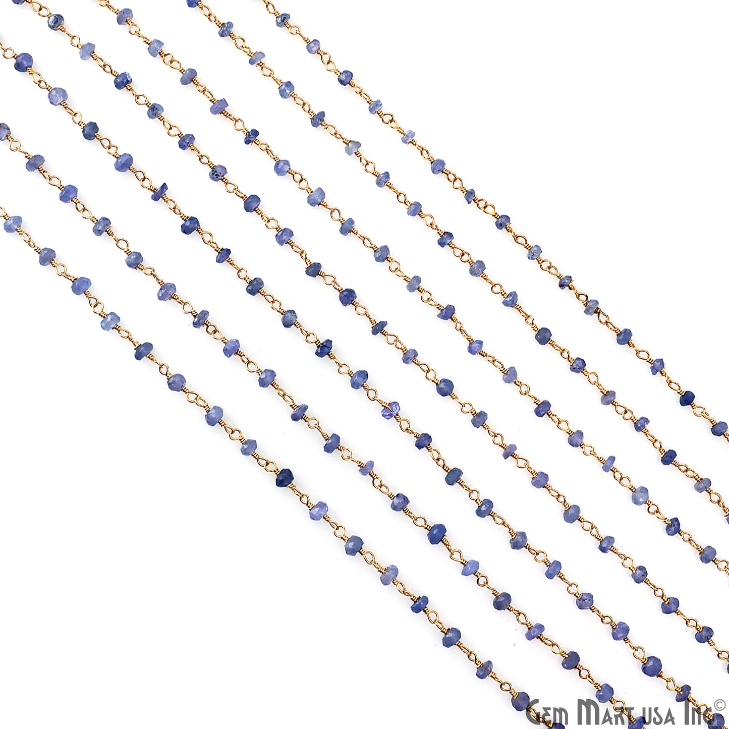 Natural Tanzanite 3mm Gold Plated Beaded Wire Wrapped Rosary Chain