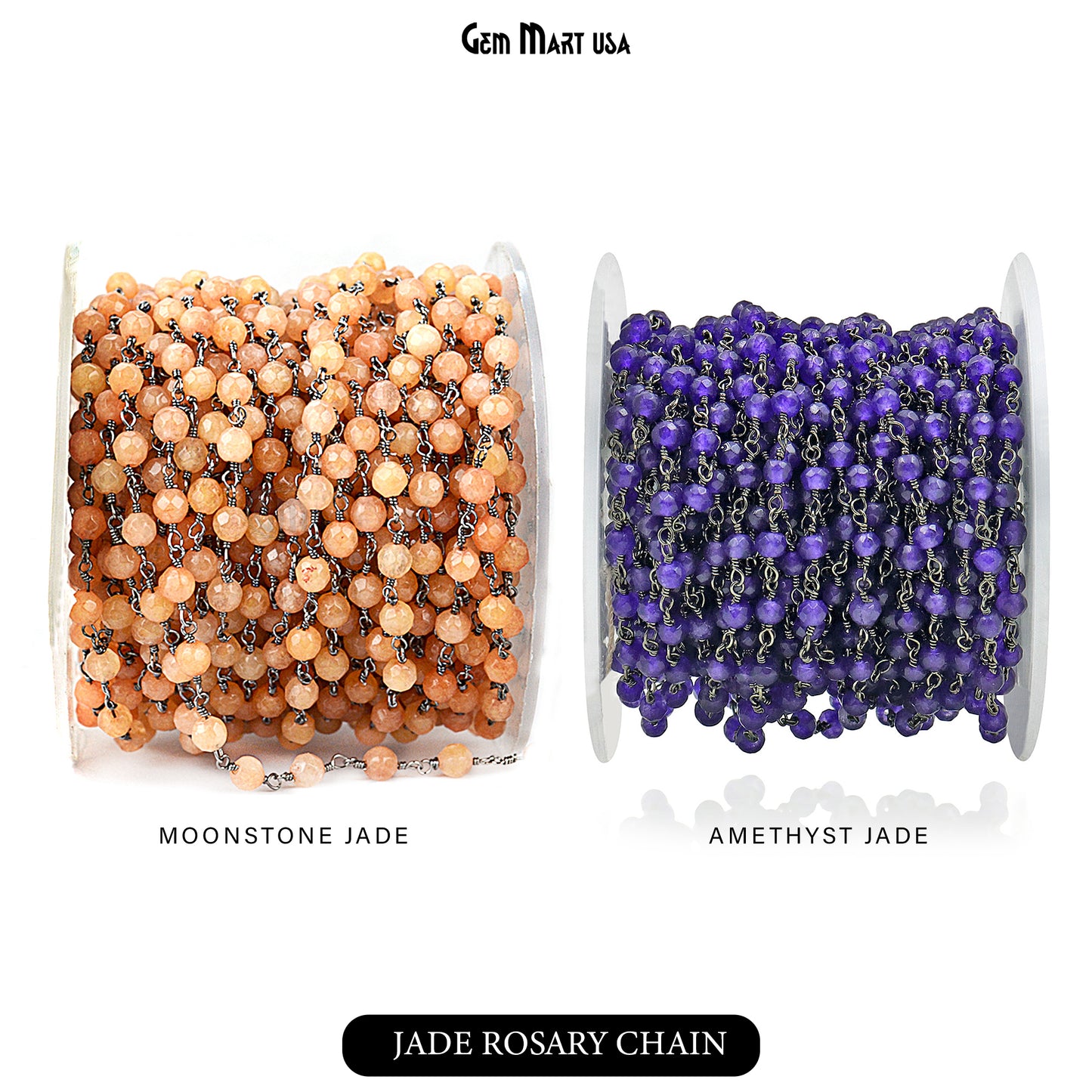 Dyed Jade Bead Faceted Crystal Round Rosary Chain Black Plating, 4mm, 1+ ft