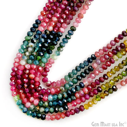 Multi Tourmaline Rondelle Beads, 13 Inch Gemstone Strands, Drilled Strung Nugget Beads, Faceted Round, 3-4mm