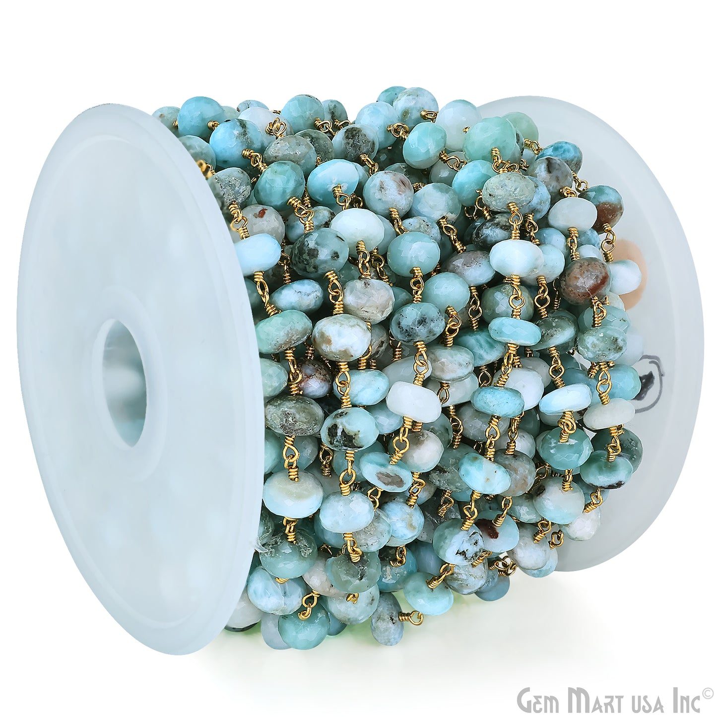 Larimar Faceted 8-9mm Gold Plated Beaded Wire Wrapped Rosary Chain