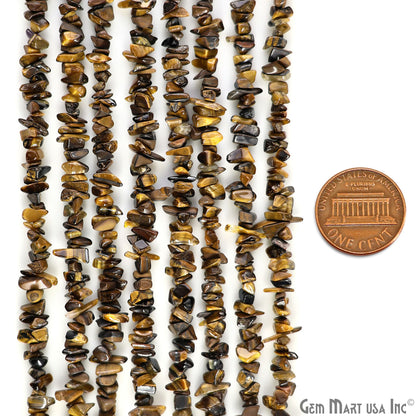 Tiger Eye Chip Beads, 34 Inch, Natural Chip Strands, Drilled Strung Nugget Beads, 3-7mm, Polished, GemMartUSA (CHTE-70001)