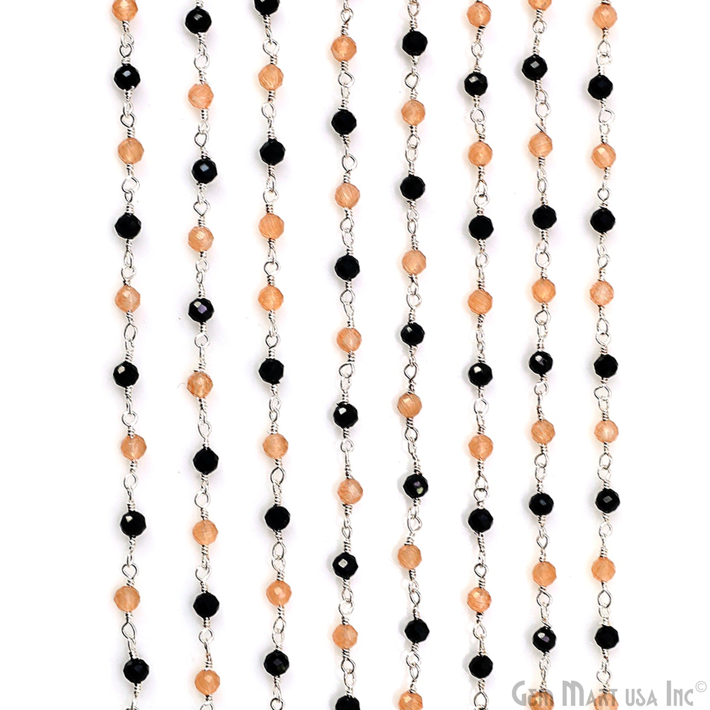 Caramel Monalisa & Black Monalisa Faceted 3-3.5mm Silver Plated Beaded Wire Wrapped Rosary Chain