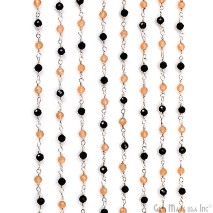 Caramel Monalisa & Black Monalisa Faceted 3-3.5mm Silver Plated Beaded Wire Wrapped Rosary Chain