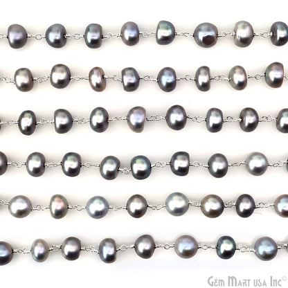 Gray Pearl Cabochon Beads 8-9mm Silver Plated Gemstone Rosary Chain