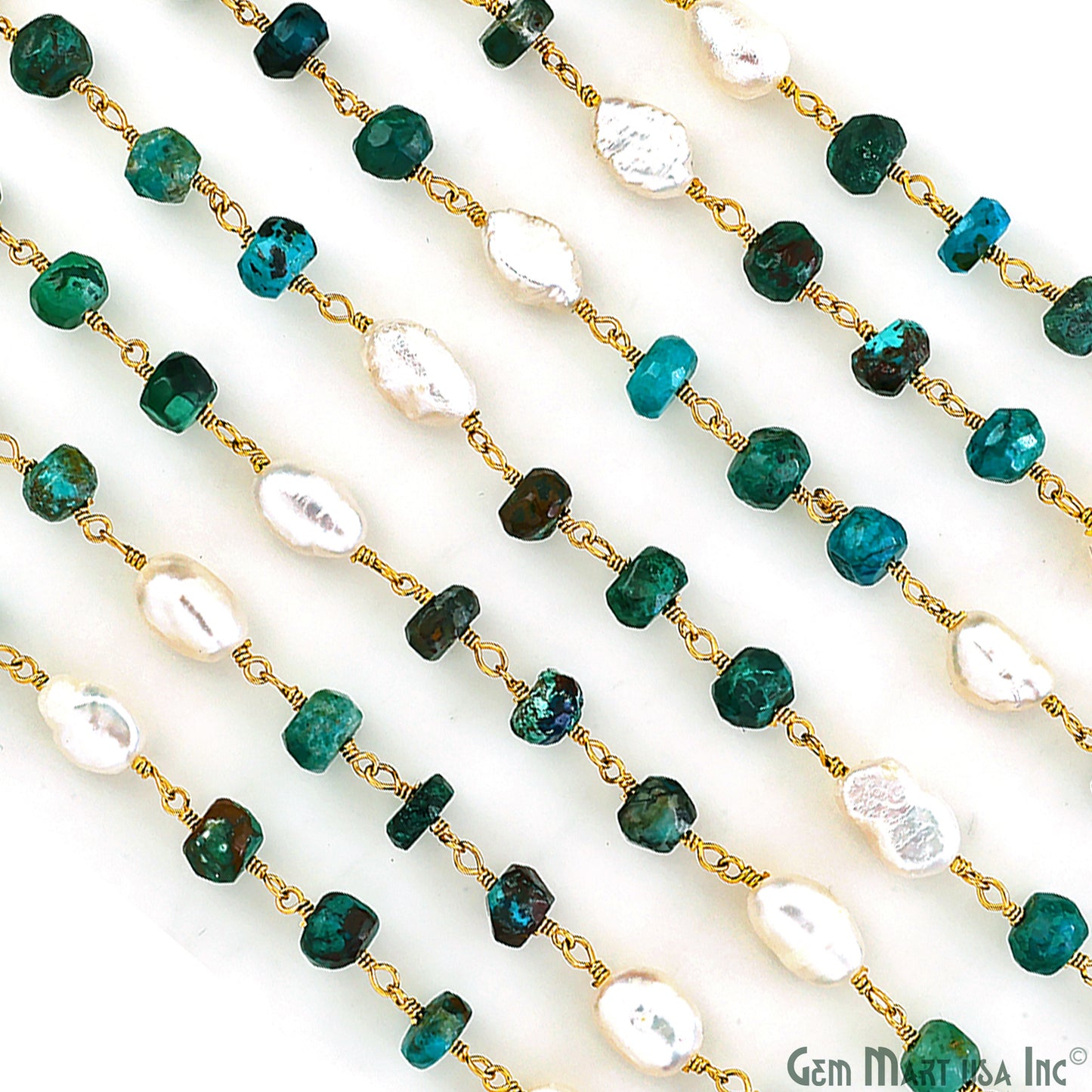 Chrysocolla and Pearl Rondelle Beads Gold Wire Wrapped Rosary Chain