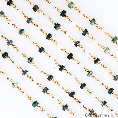 Moonstone & Chrysocolla Tyre Shape 4-5mm Beads Gold Plated Gemstone Beaded Wire Wrapped Rosary Chain