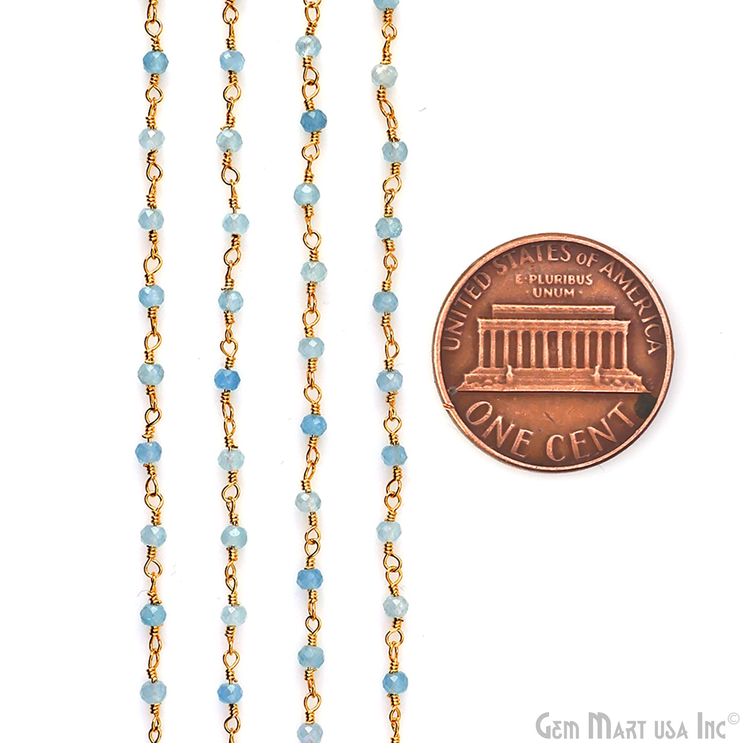 Aquamarine 3mm Gold Plated Wire Wrapped Gemstone Beads Rosary Chain