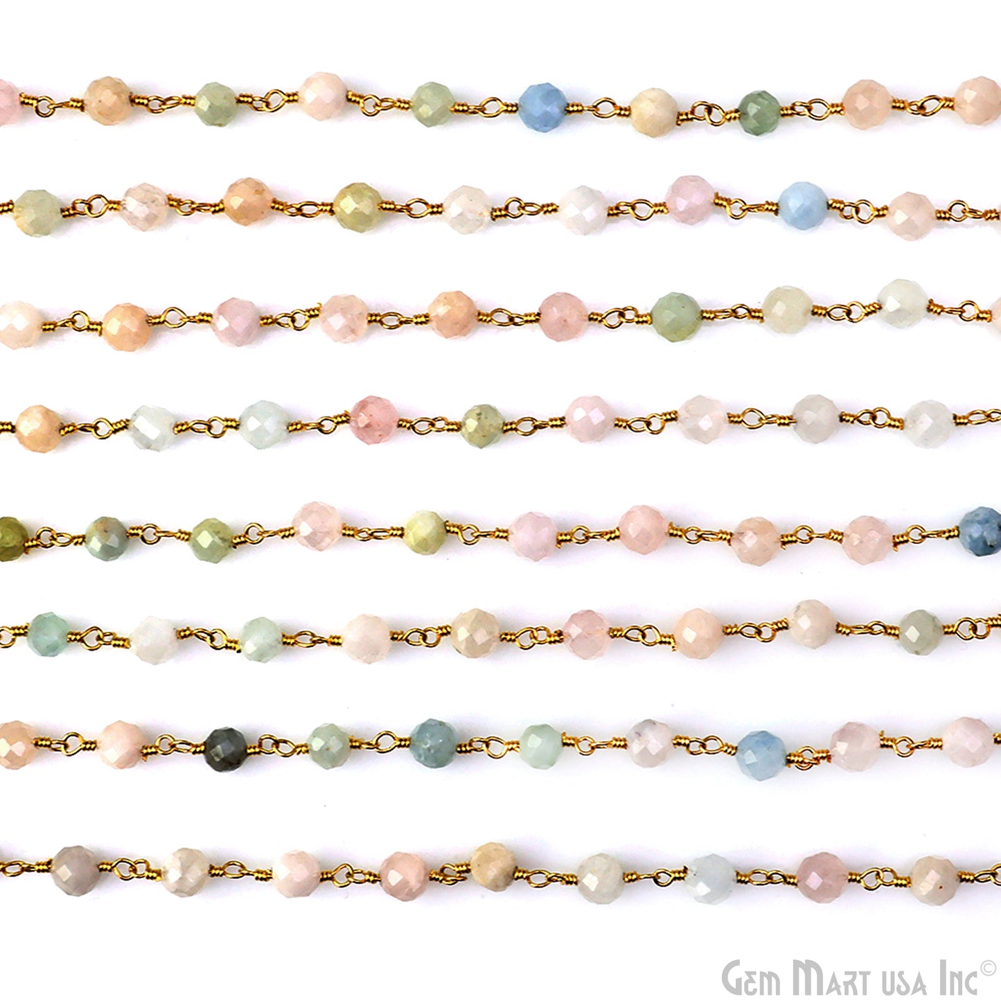 Multi Aquamarine 4mm UP Round Faceted Beads Gold Plated Rosary Chain