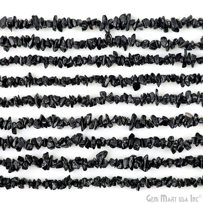 Black Tourmaline Chip Beads, 34 Inch, Natural Chip Strands, Drilled Strung Nugget Beads, 3-7mm, Polished, GemmartUSA (CHKT-70001)
