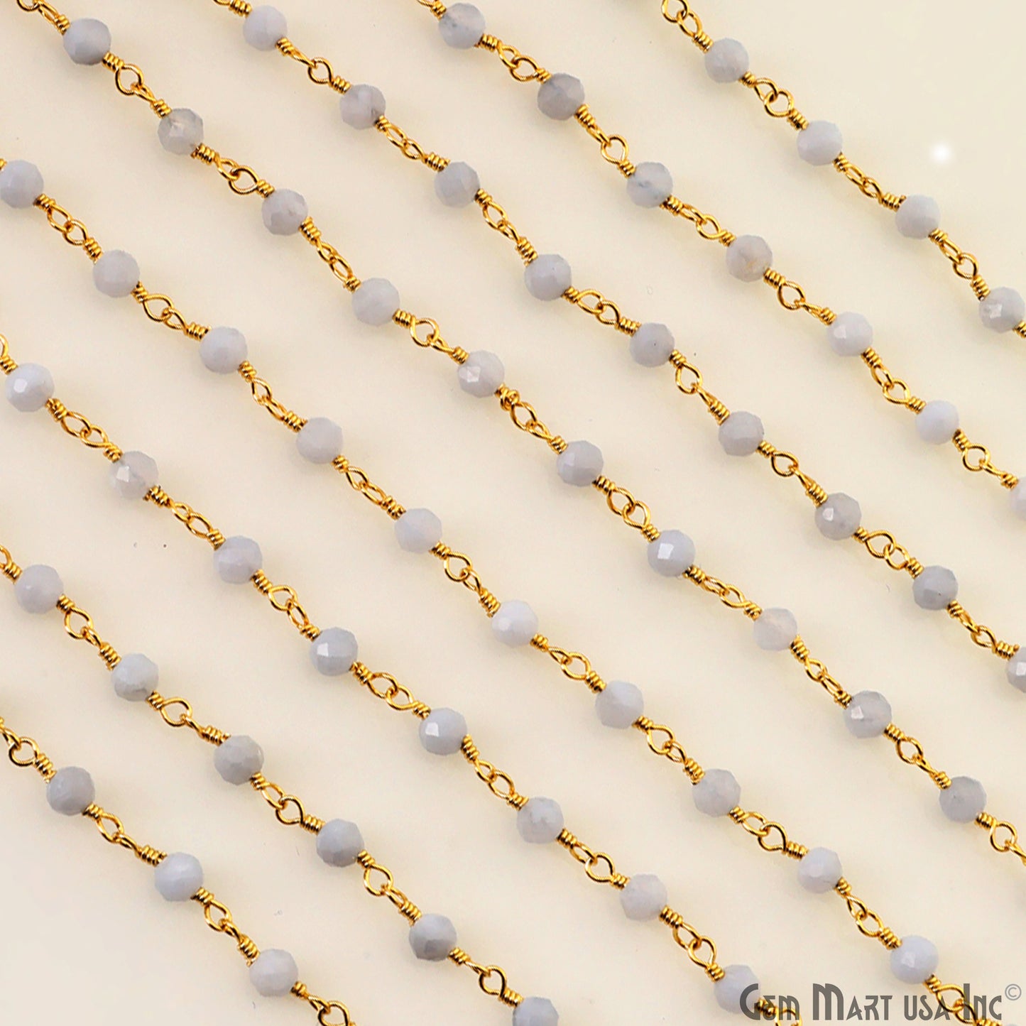Blue Lace Agate 3-3.5mm Gold Plated Beaded Wire Wrapped Rosary Chain