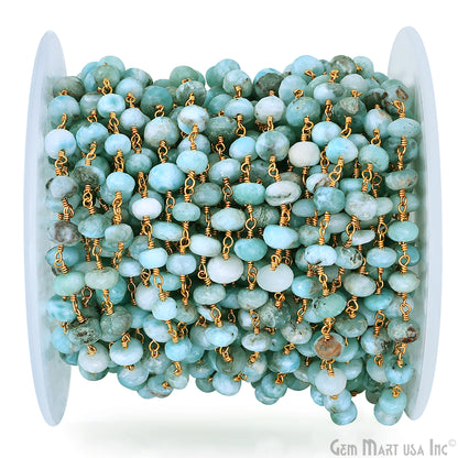 Larimar Faceted 5-6mm Gold Plated Beaded Wire Wrapped Rosary Chain