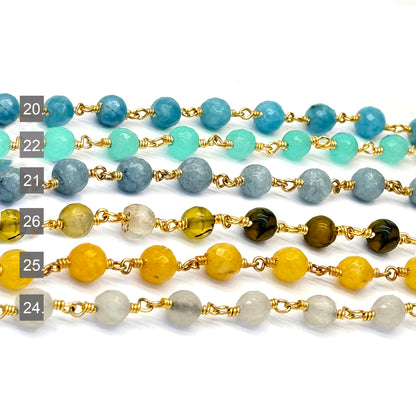 Dyed Jade Bead Faceted Crystal Round Rosary Chain Gold Plating, 5-6mm, 1+ ft