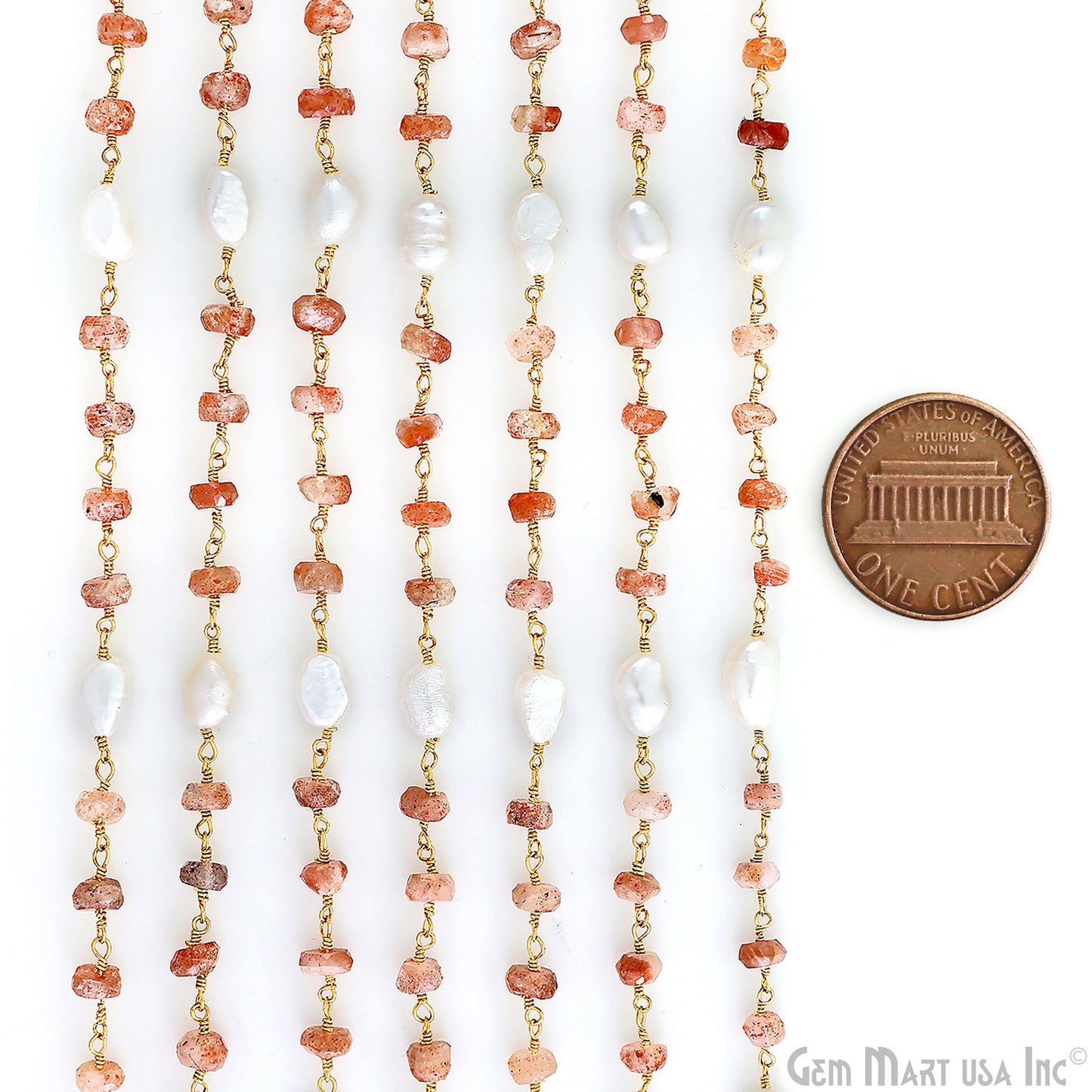 Sunstone 4-5mm & Pearl 8x5mm Beads Gold Plated Rosary Chain