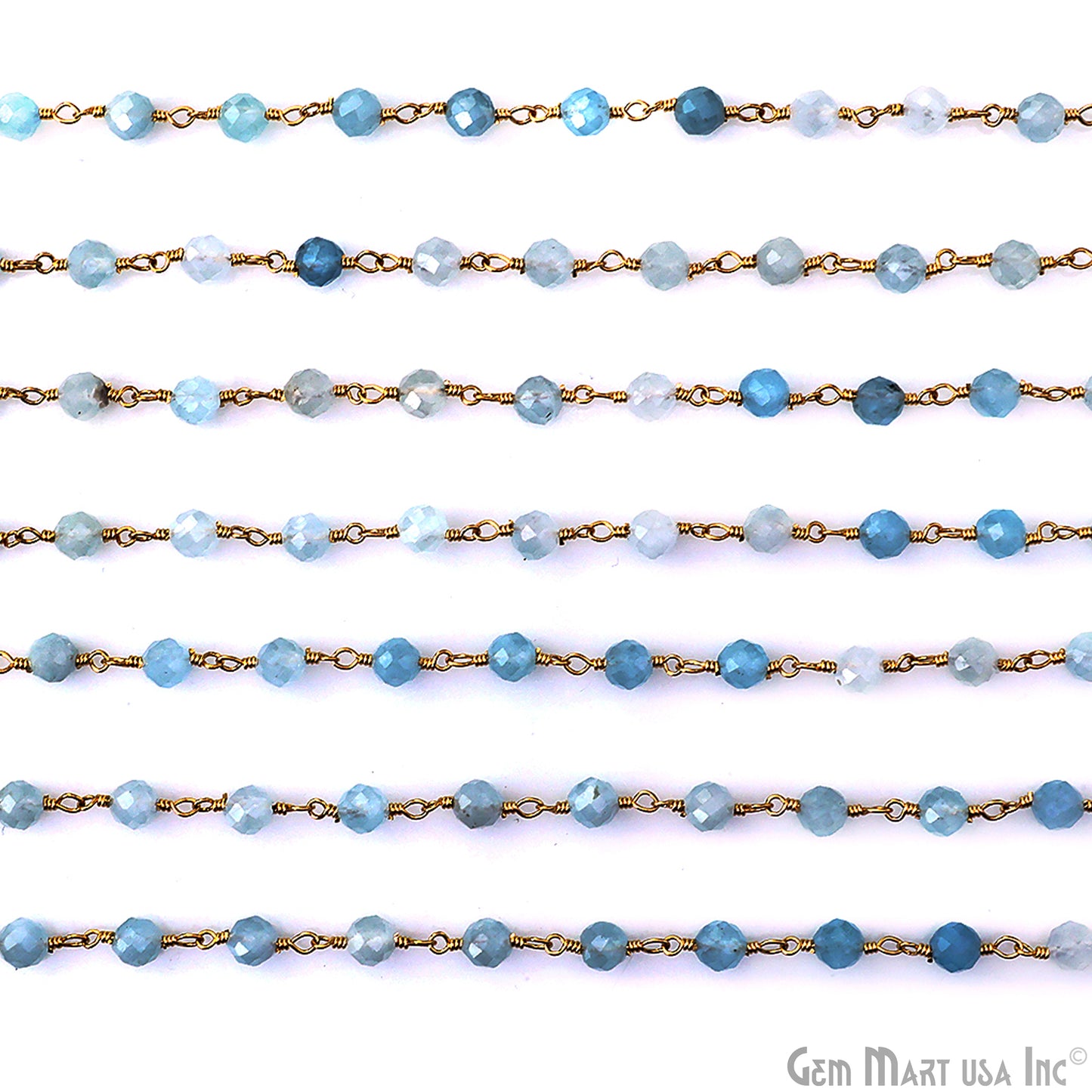 Aquamarine 4mm Gold Plated Wire Wrapped Gemstone Beads Rosary Chain