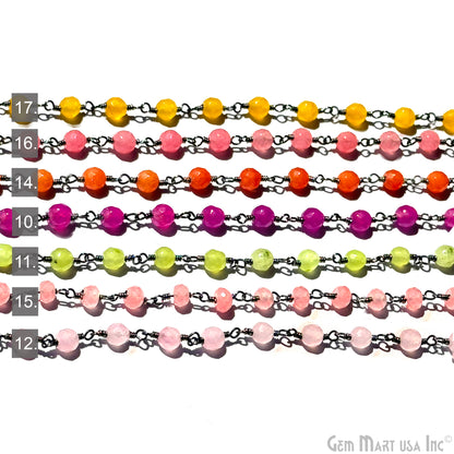 Dyed Jade Bead Faceted Crystal Round Rosary Chain Black Plating, 4mm, 1+ ft